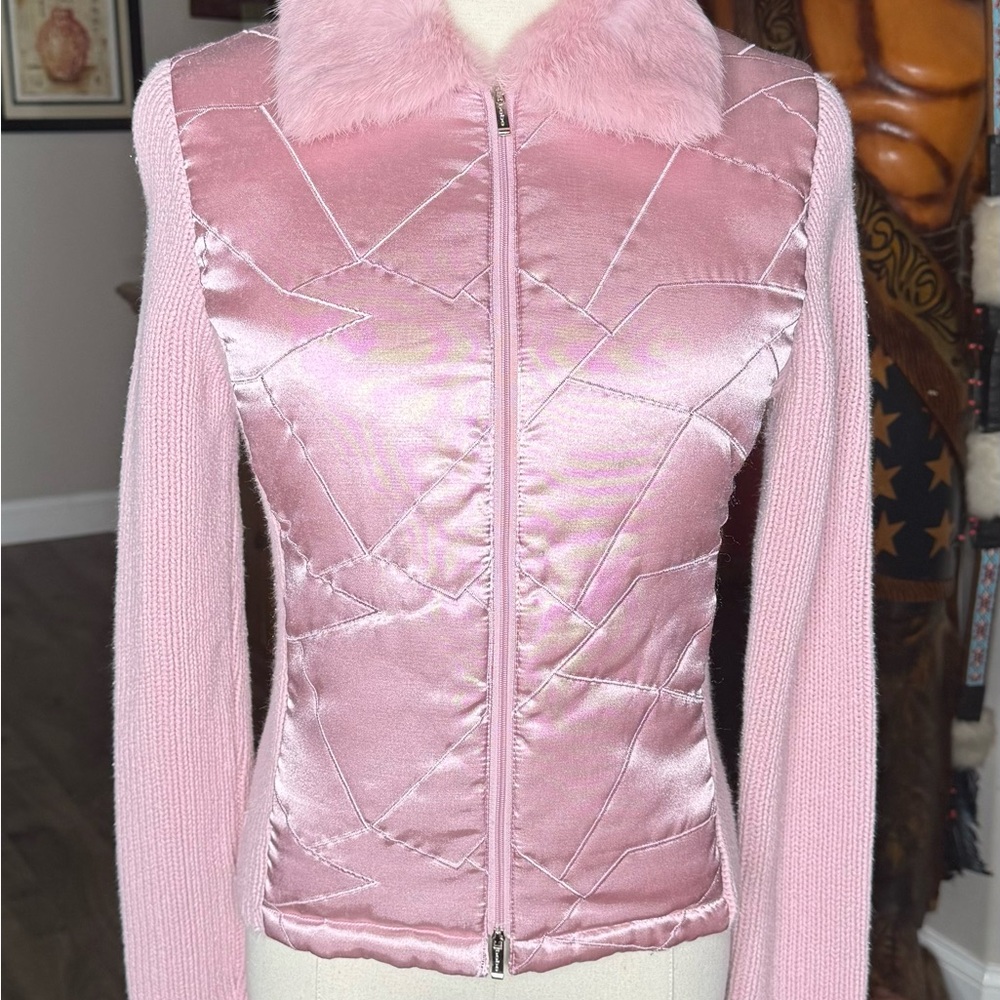 Bebe Pink Satin Quilted Jacket With Fur Collar  Size S